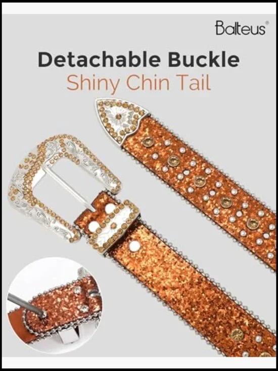 Sparkly Rhinestone Diamond Sequin Studded Belt Faux Leather Western - Picture 5 of 7